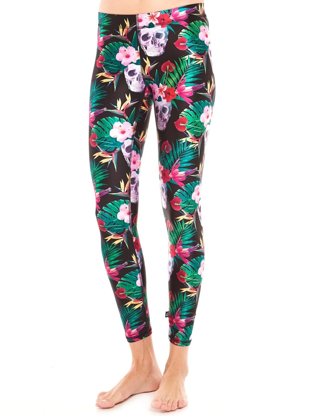 Terez‎ Women’s Size XS Killer Luau Leggings Cropped Tropical Black Floral Skulls